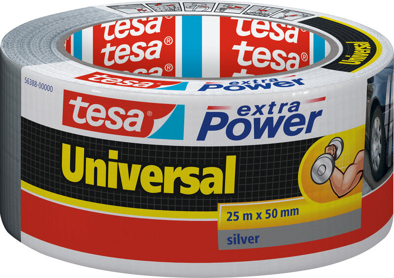 tesa Gewebeband Extra Power Universal – 50 mm × 25 m, silber, extra stark, recycelt