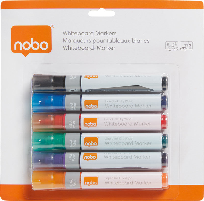 Nobo Board-Marker – Rundspitze 3 mm – Sortiert – 6er-Set – Trocken abwischbar