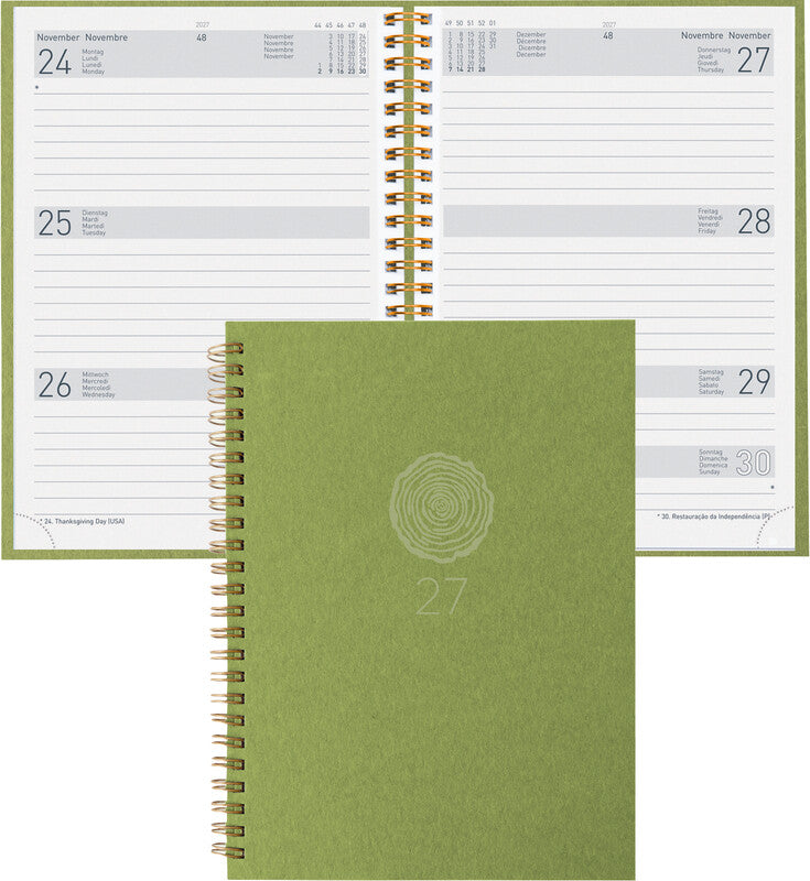 Biella Dispo Term Natural Agenda – 1 Woche/2 Seiten, Spiralbindung, 14,5 × 20,5 cm, 2027, Hellgrün