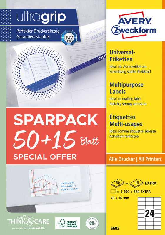 Avery Druckeretiketten, 70 mm × 36 mm, weiss, Papier, permanent, 65 Blatt (1560 Etiketten)