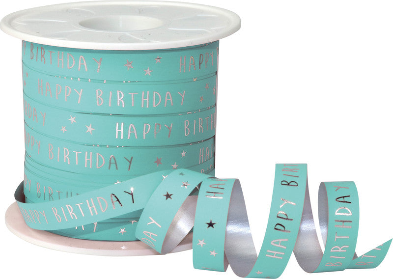 Präsent Geschenkband – Happy Birthday – Kunststoff, Mint – 10 mm × 100 m