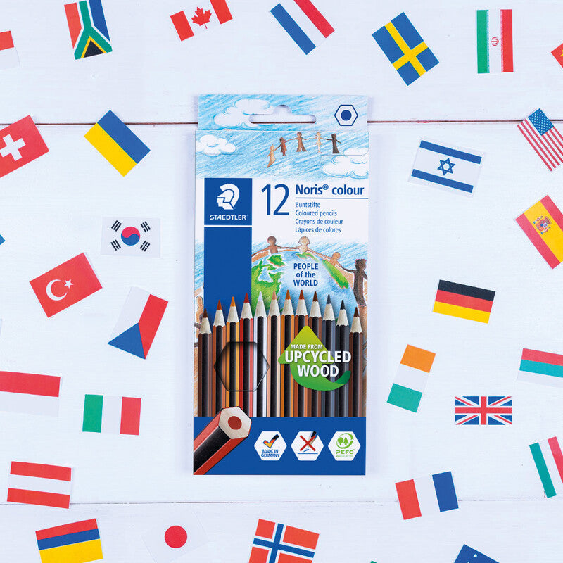Staedtler Noris colour Upcycling Farbstifte-Set – 12 Farben, Sechskant, Kartonetui, People of the World