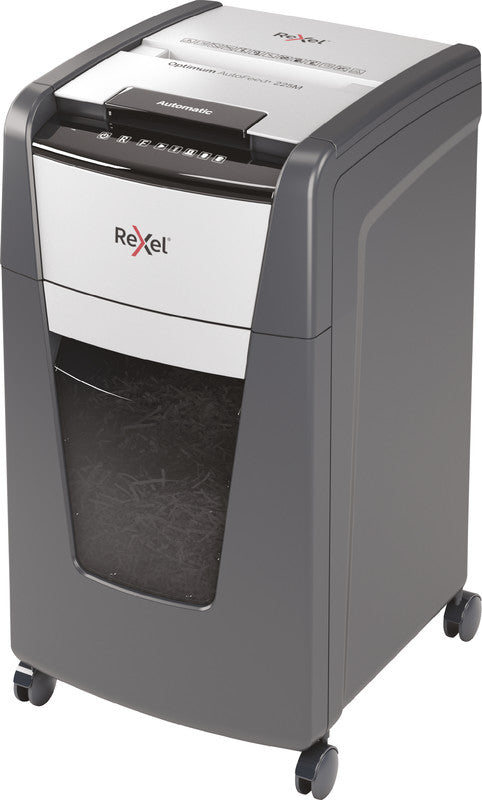 Rexel Optimum AutoFeed+ 225M – Aktenvernichter mit Autofeed 225 Blatt, DIN P-5, Mikroschnitt 2 × 15 mm, 60 l