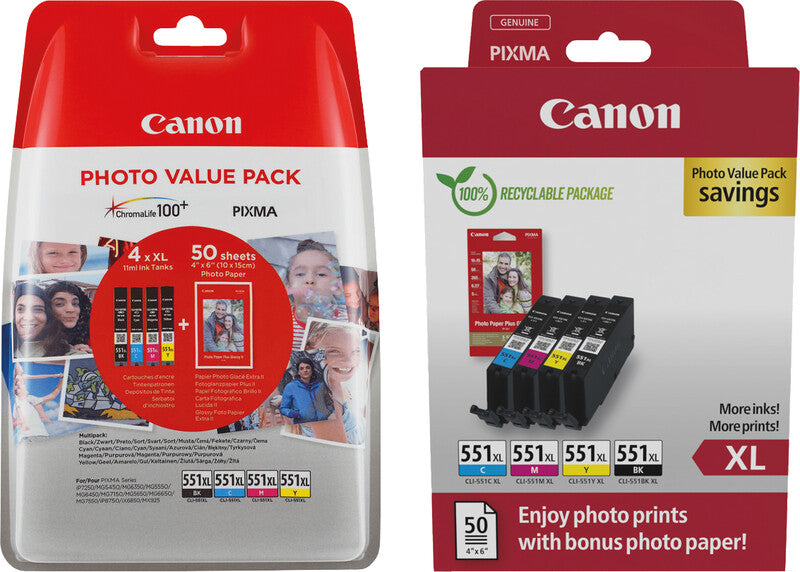 Canon Tintenpatronen-Multipack CLI-551XL Photo Cube, mit Fotopapier 3,94" × 5,91" (50 Blatt) – für Pixma