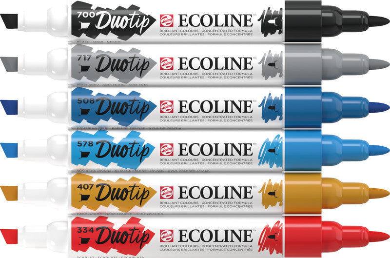 Ecoline Brush Pen Duotip – Keilspitze 6 mm, Rundspitze 1-2 mm – sortiert – 6er-Set – wasservermalbar
