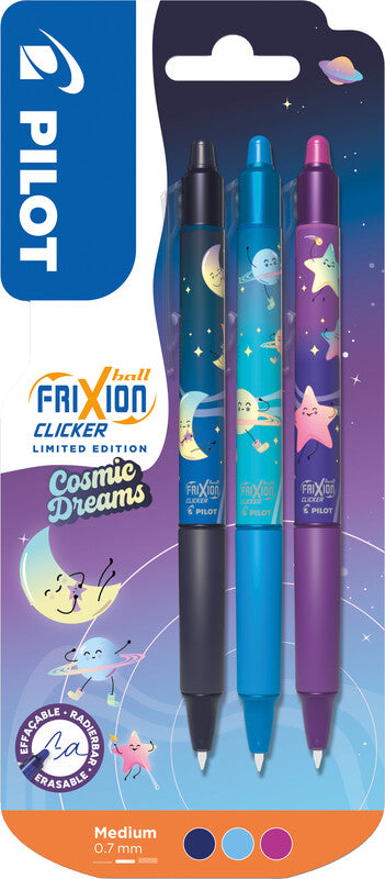 Pilot FriXion Ball Clicker Cosmic Dreams – Tintenroller, Druckmechanik, Kunststoff, für Linkshänder – 3 Stk.