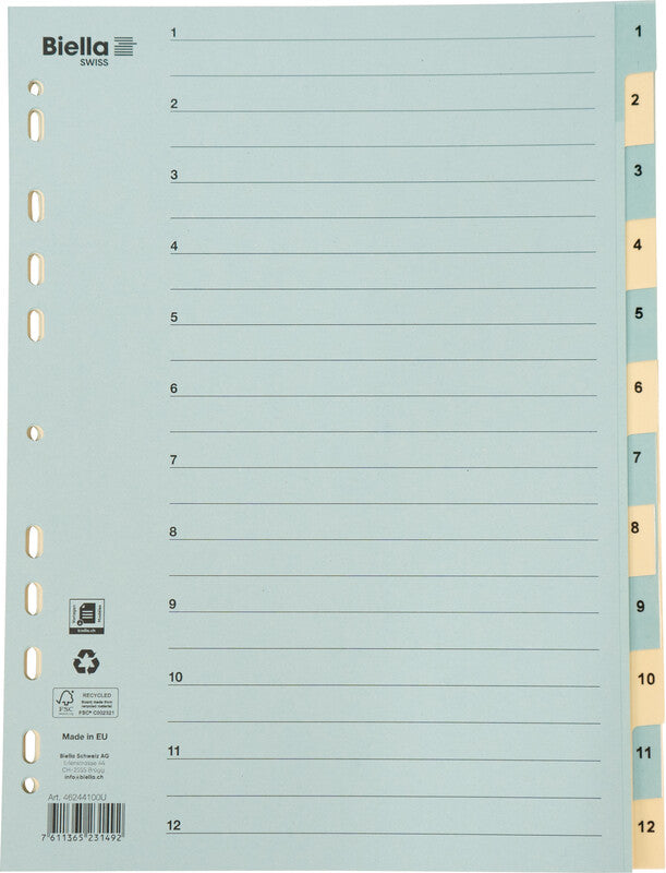 Biella Register – A4, 12-teilig, Karton, farbig, vorgedruckt, Indexblatt, 11-fach gelocht