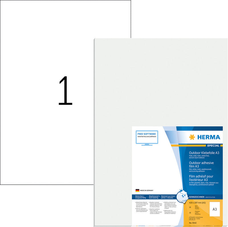 HERMA Bogenetiketten, 420 mm × 297 mm, weiss, Folie, extra stark, 10 Blatt