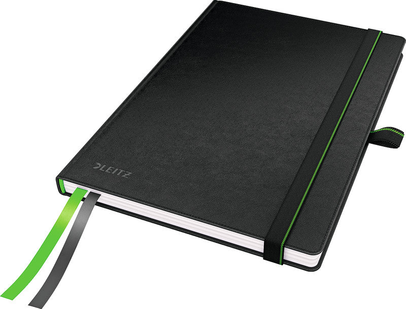 Leitz Notizbuch – A5 – kariert – 80 Blatt – 96 g/m², perforiert, Gummiband, Stiftschlaufe, schwarz