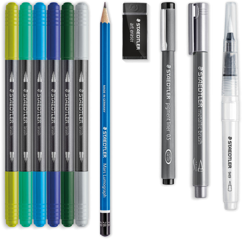Staedtler Aquarell-Set Handlettering – 6 Doppelfasermaler, Pigment Liner, Metallic Brush Pen