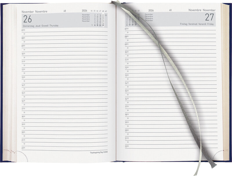 Biella Executive Agenda – 1 Tag pro Seite, gebunden, 14,5 × 20,5 cm, 2026, 1/2-Stunden-Takt, dunkelblau, FSC