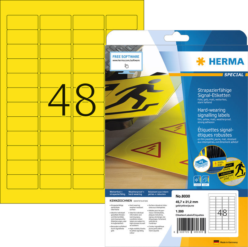 HERMA Druckeretiketten Special, 46 mm × 21 mm, gelb, Folie, extra stark, 25 Blatt (1200 Etiketten)