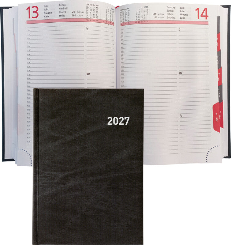 Biella Registra Plus Agenda – 1 Tag pro Seite, Gebunden, 14,5 × 20,5 cm, 2026, Halbstunden-Takt, Schwarz, FSC