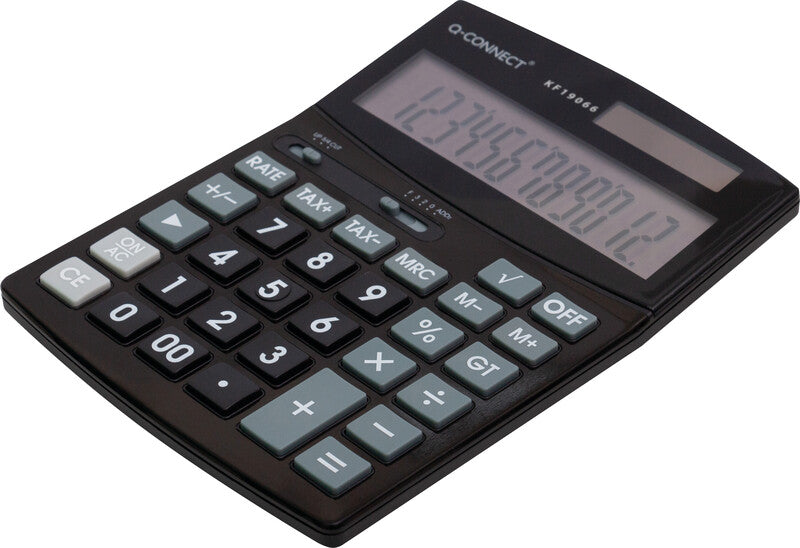 Q-connect Tischrechner KF19066 – 12-stellig, LCD, Steuer/Prozent, Solar + Batterie, Schwarz