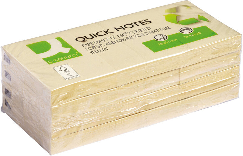 Connect Q-Connect Haftnotizen Quick Notes Recycling – 51×38 mm – gelb, 3×100 Blatt, Recyclingpapier