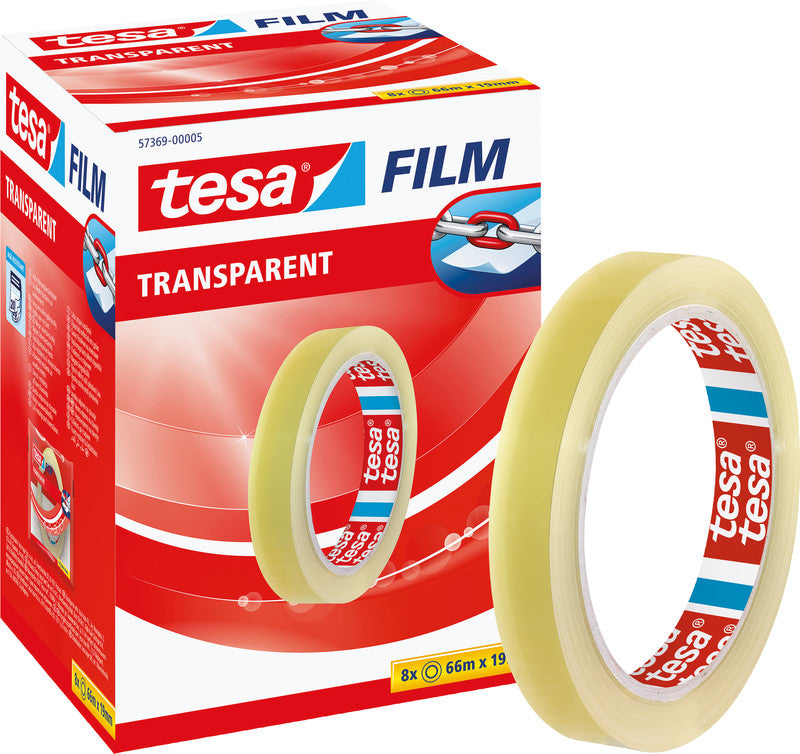 TESA Büro-Klebeband – permanent, klar, Kunststoff, 19 mm × 66 m, Kern Ø 76 mm