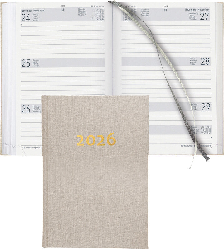 Biella Dispo Term Agenda – 1 Woche/2 Seiten, gebunden, 14,5 × 20,5 cm, Jan–Dez 2026, beige, FSC