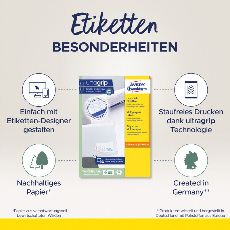 Avery Druckeretiketten, 105 mm × 48 mm, weiss, Papier, permanent, 120 Etiketten (10 Blatt)
