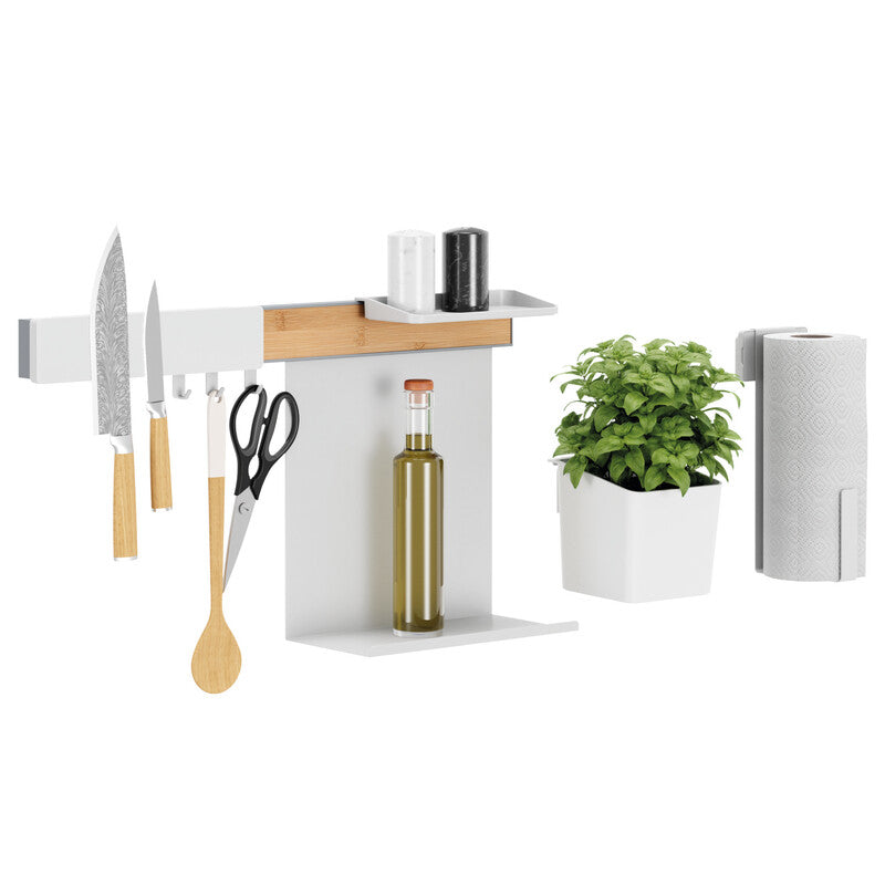TESA Küchenorganizer Kombi-Set L – für Küchenreling aus Aluminium – weiss & Bambus – 86,5 × 34 × 14 cm