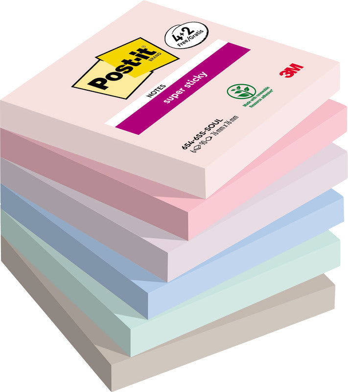 Post-it Haftnotizen – 76×76 mm – sortiert, 6×90 Blatt, Super Sticky, PEFC