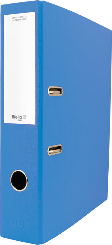 Biella Ordner – A4 hoch – 2-Ring Hebelmechanik, Rücken 70 mm – blau, mit Niederhalter, mit Griffloch, FSC