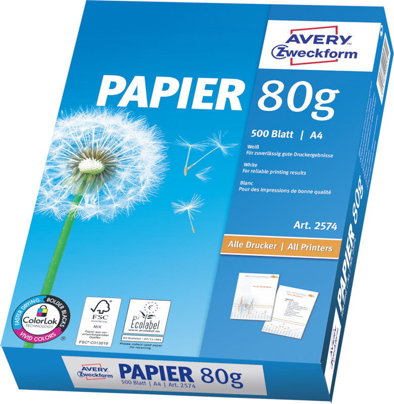 Avery Kopierpapier – A4, 80 g/m², weiss – für Inkjet/Laser/Kopierer – FSC, EU Ecolabel – 500 Blatt