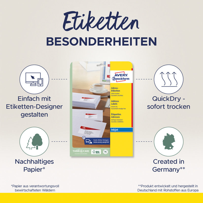 Avery Druckeretiketten, 64 mm × 34 mm, weiss, Papier, permanent, 25 Blatt (600 Etiketten)