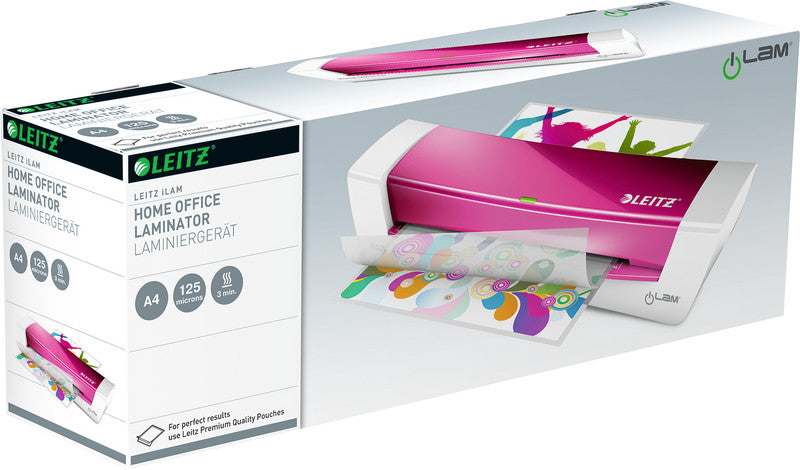 Leitz iLAM Home Office WOW Laminiergerät A4 – 2-Rollen, 80–125 µm, Aufheizzeit 2 Min., 310 mm/min, Pink