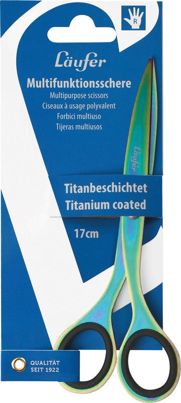 Laufer Universalschere – 17,0 cm, titanbeschichtet, für Rechtshänder, spitz, Gummigriffe, mehrfarbig