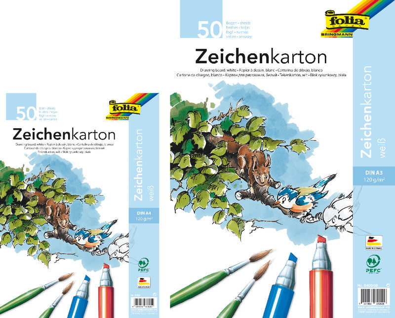 Folia Zeichenkarton A4, 200 g/m², 50 Blatt, Weiss, Strukturiert, Lose, Matt