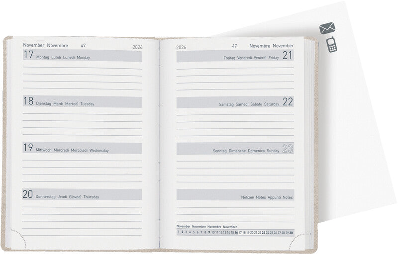 Biella Memento Agenda – 1 Woche/2 Seiten, gebunden, 10,1 × 14,2 cm, Jan–Dez 2026, mehrsprachig, beige, FSC