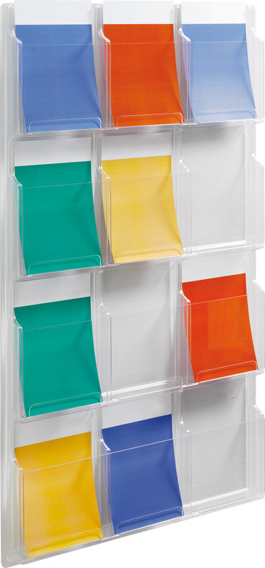 Helit Wandprospekthalter – für A4 hoch, 12 Fächer, transparent, Kunststoff, 766×51×1260 mm