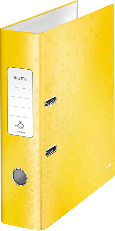Leitz Ordner – A4 hoch – 2-Ring Hebelmechanik, Rücken 80 mm – gelb, mit Niederhalter, mit Griffloch, FSC