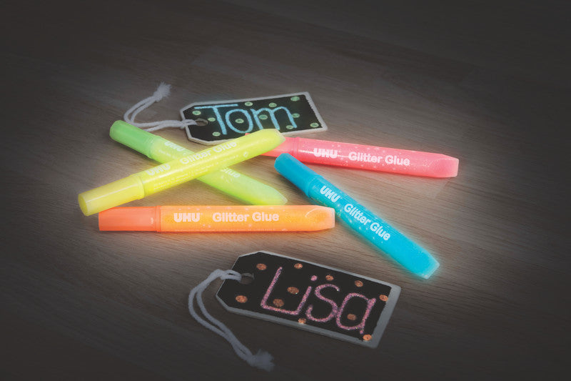 UHU Glitzerkleber – farbig sortiert – Set 5 × 10 ml – auswaschbar, lösemittelfrei