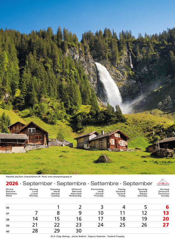 Calendaria Bildkalender Swiss Souvenir 2026 – 23 × 31,5 cm – mit Aufhänger