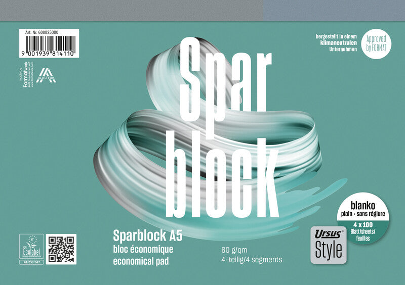 Ursus Abreissblock, A5, blanko, Klammerheftung, 100 Blatt, perforiert, 60 g/m² – weiss, 4er-Pack