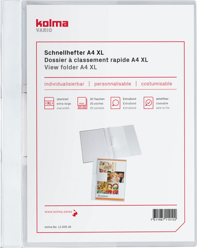 Kolma Schnellhefter Vario XL mit Zusatztasche – A4, PP, weiss, integrierte Abheftvorrichtung, Sichttasche