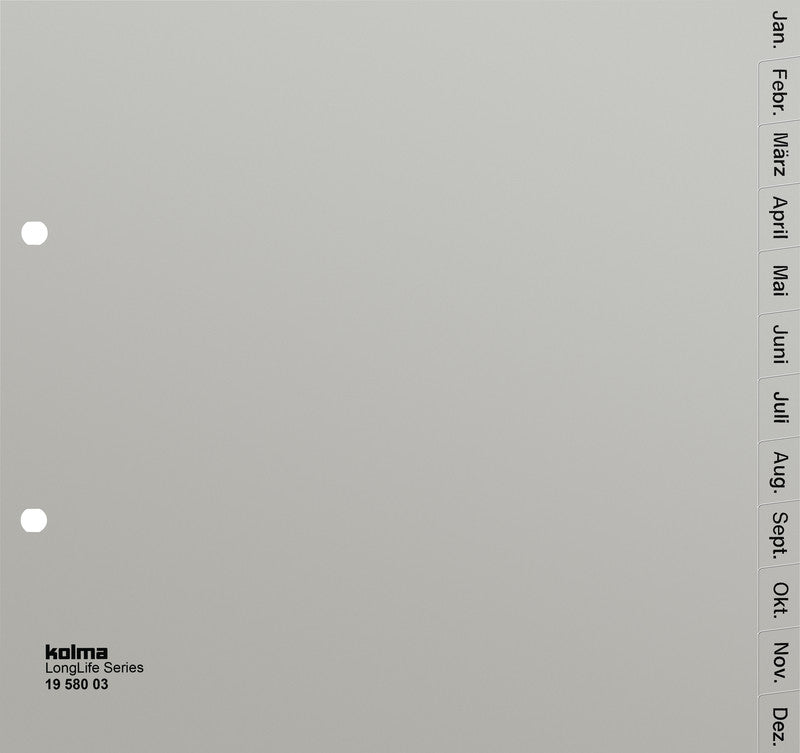 Kolma Register – teildeckend, 12-teilig, PVC, grau, vorgedruckt, 2-Ring, ovale Lochung, für A4 Hochformat