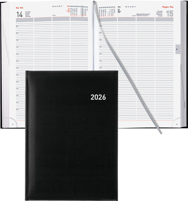 Biella Quattro Agenda – 1 Tag pro Seite, gebunden, A4, 2026, 1-Stunden-Takt, mehrsprachig, schwarz, FSC