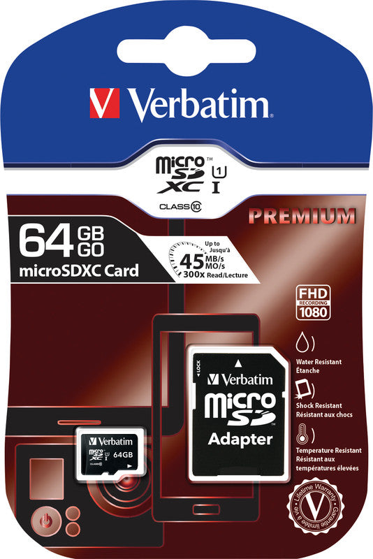 Verbatim microSDXC-Karte – 64 GB, Klasse 10, inkl. SD-Adapter