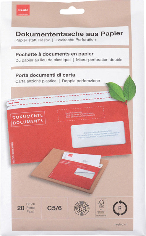 Elco Dokumententasche – C6/5 (229 × 114 mm), Fenster rechts, bedruckt, rot, Papier, selbstklebend – 20 Stück