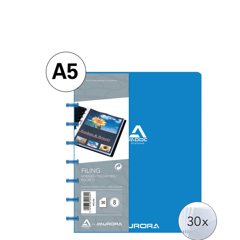 Adoc Sichtbuch Bind-Ex Aurora – 30 Sichttaschen, A5, austauschbar, genarbt, antireflex, blau, Kunststoff