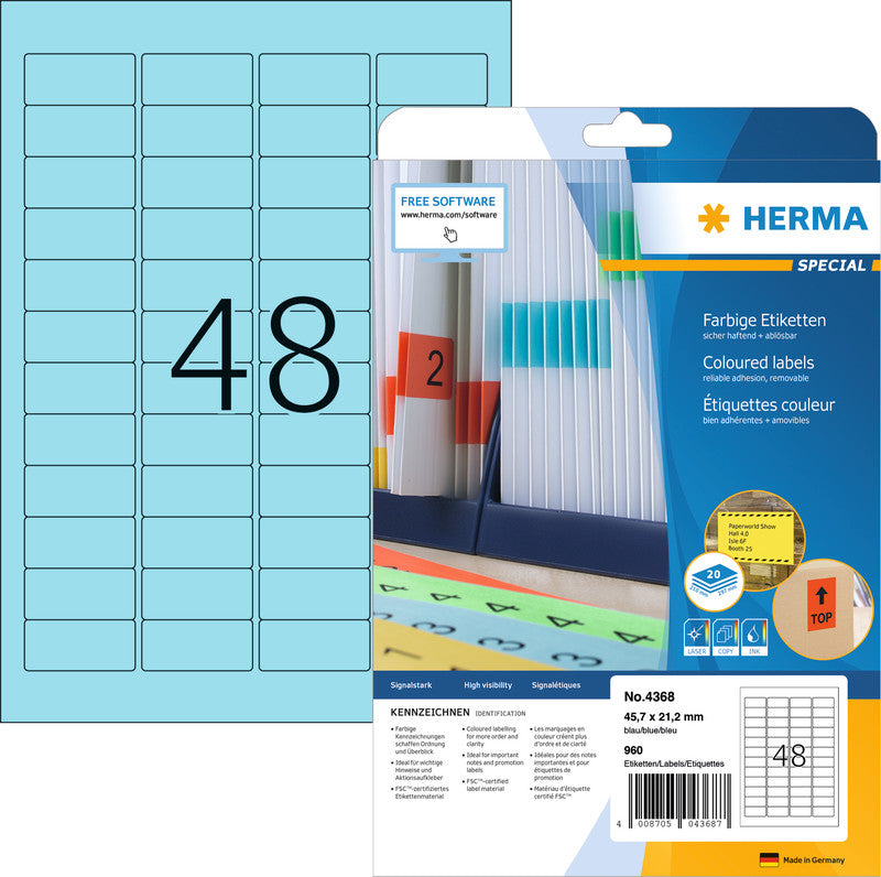 HERMA Etiketten, 46 mm × 21 mm, blau, Papier, wiederablösbar, 20 Blatt (960 Etiketten)