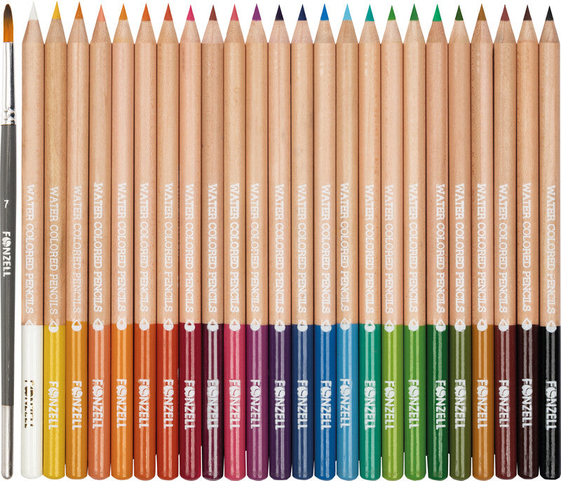 Fonzell Creative Aquarellfarbstifte-Set – 24 Farben, rund, Mine Ø 3,3 mm, Dreiecksetui, mit Pinsel