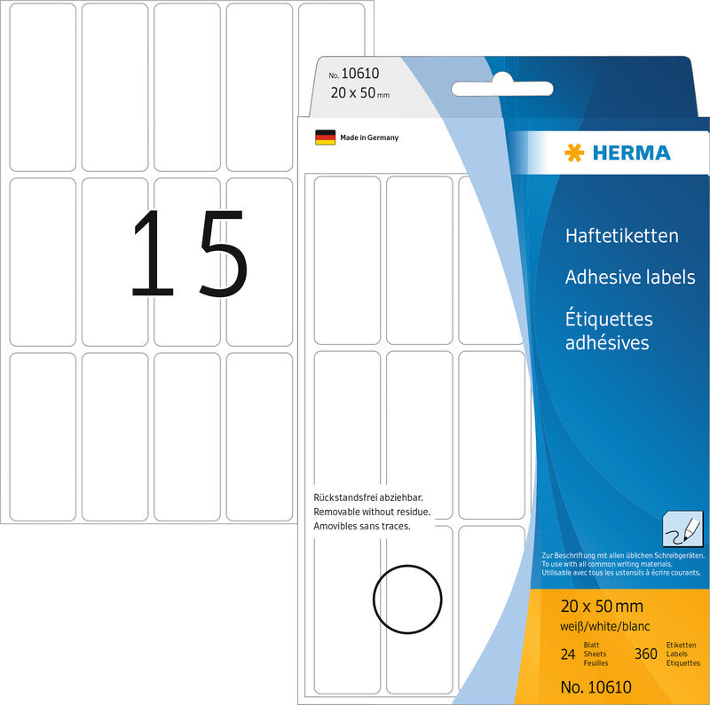 HERMA Schuletiketten – 20×50 mm, Abgerundete Ecken, 360 Stk, 24 Bogen, Ablösbar