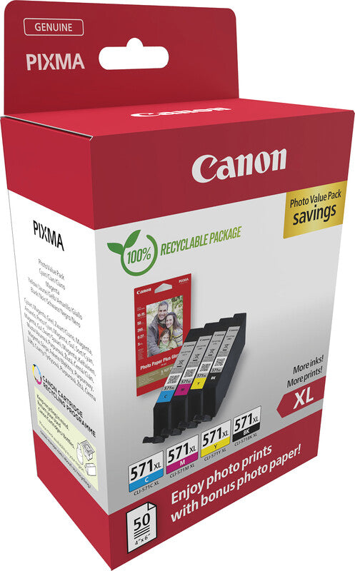 Canon Tintenpatronen-Multipack CLI-571XL, CMYK, 4er-Pack, mit Fotopapier (50 Blatt) – für Inkjetdrucker