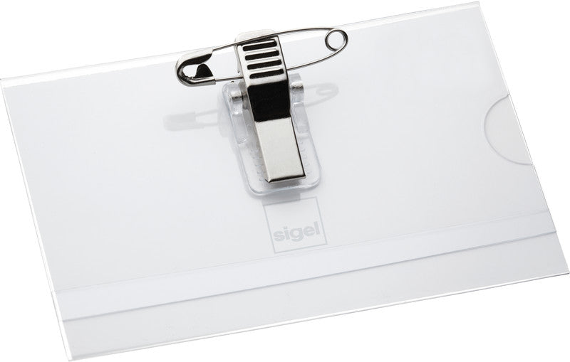 Sigel Namensschild – 90 × 57 mm, Kunststoff, transparent, mit Kombiklemme – 50 Stück