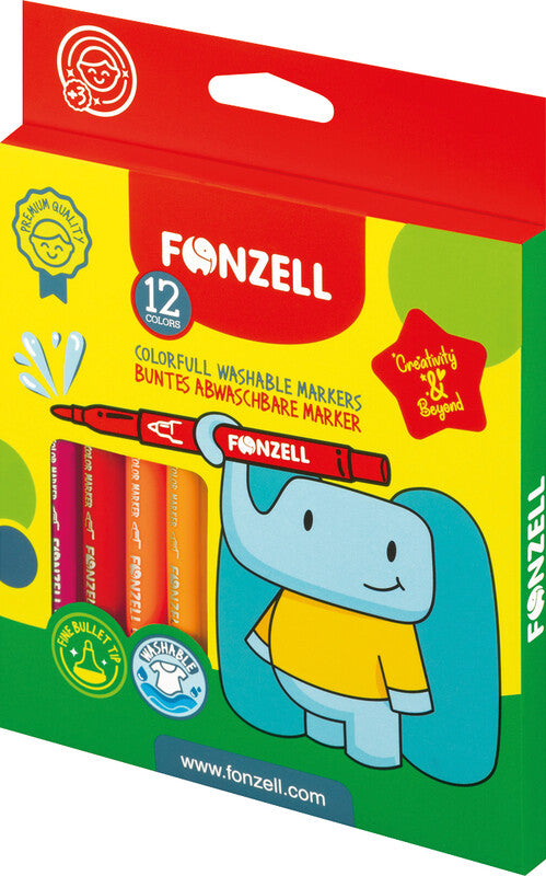 Fonzell Filzstifte, Strichbreite 4,4 mm, auswaschbar, 12 Farben
