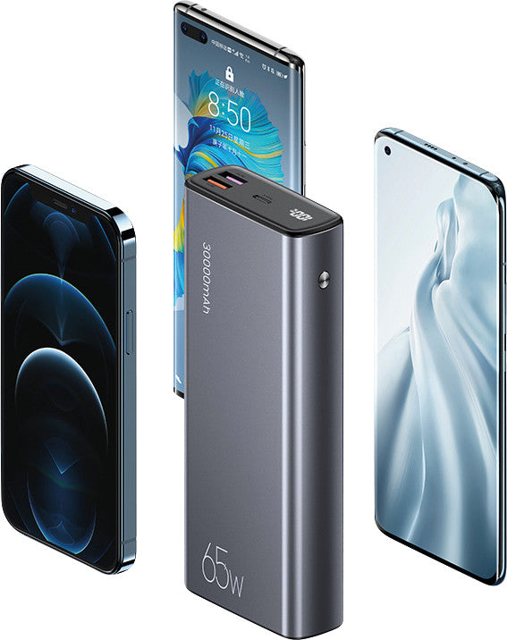 Usams Powerbank 30000 mAh, PD 65 W, 2× USB-A, 1× USB-C, für Smartphones, Tablets, Notebooks, Grau
