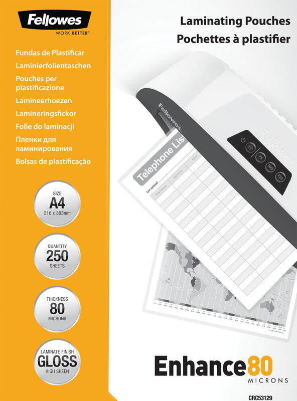 Fellowes Laminierfolien A4, glänzend – 80 µm, 216 × 303 mm, 250 Stk.